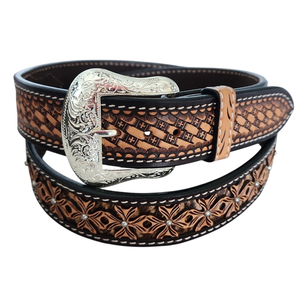 Rodeo Western Two Tone Belt Tooled Leather Cow Hair Inlay Studded Size 44